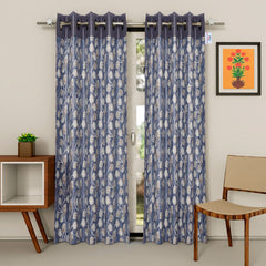 Heart Home Silk Decorative 9 Feet Long Door Curtain | Leaf Print Blackout Drapes Curtain with 8 Eyelet for Home & Office, Pack of 2 (Sky Blue)