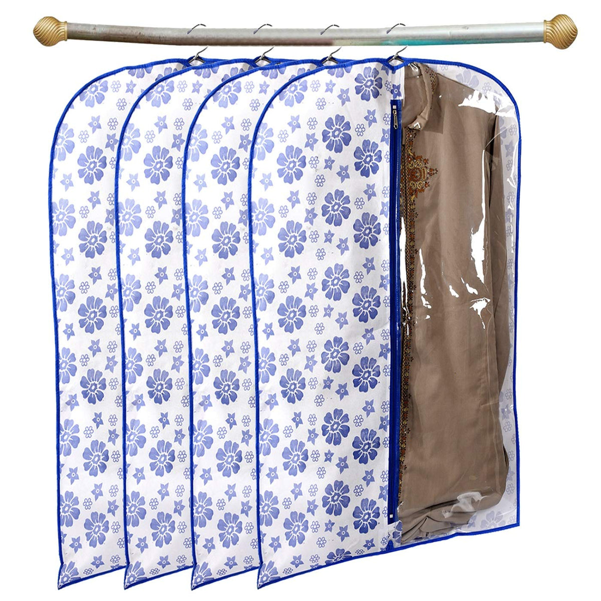 Kuber Industries Flower Printed 4 Pieces Half Transparent Non Woven Men's Coat Blazer Cover (Blue) -CTMTC039461