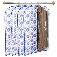 Kuber Industries Flower Printed 4 Pieces Half Transparent Non Woven Men's Coat Blazer Cover (Blue) -CTMTC039461