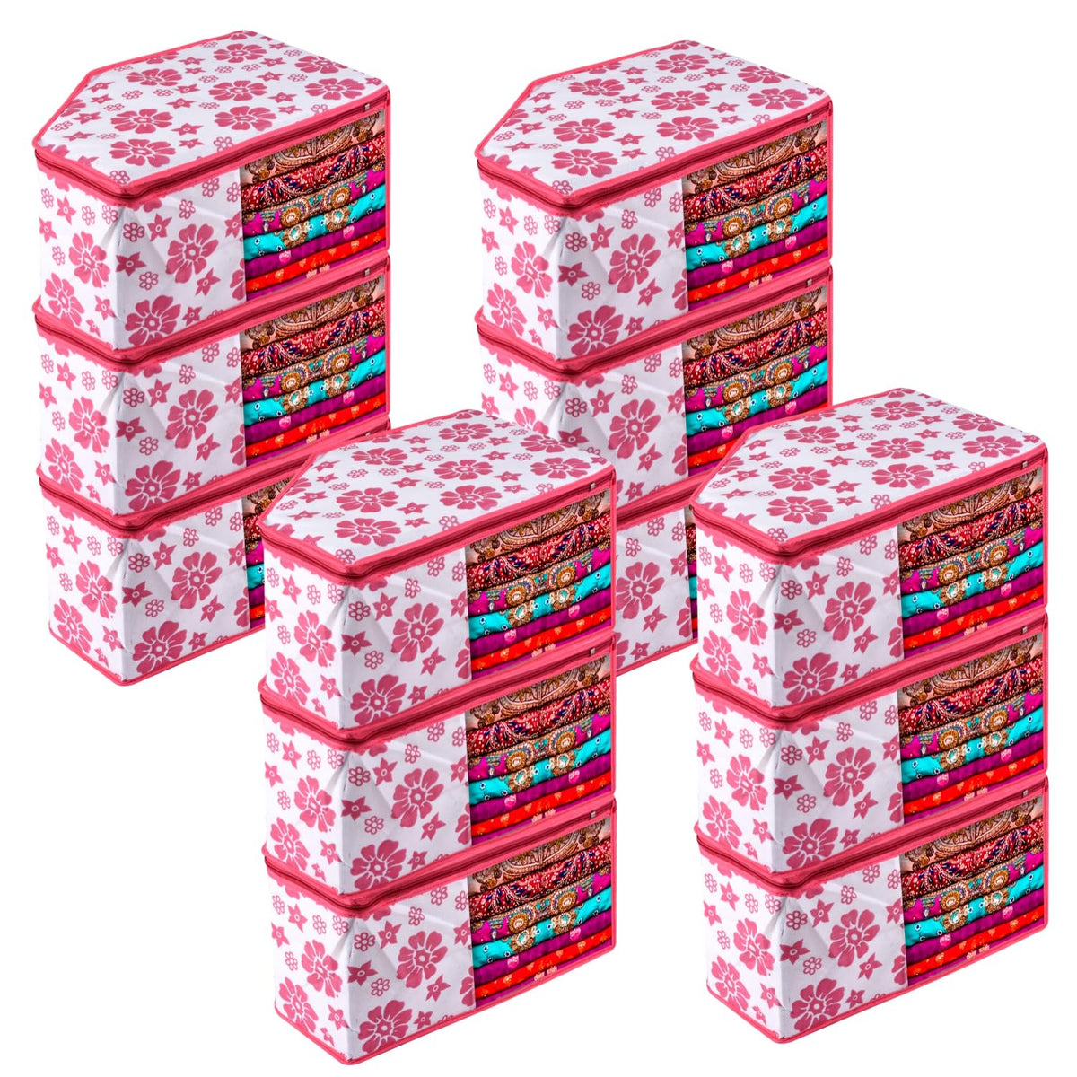 Heart Home Blouse Cover | Clothes Storage Bag | Zipper Wardrobe Organizers | Non-Woven Clothes Organiser | Side Transparent Blouse Organizer | Flower-Design | Pack of 12 | Pink