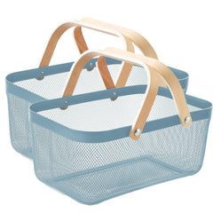 Kuber Industries Rectangular Metal Mesh Basket for Storage with wooden handle | 720Gm | Fruit basket & Vegetable Basket for Kitchen | Kitchen Organizer| Pack of 2 | Multipurpose| Blue