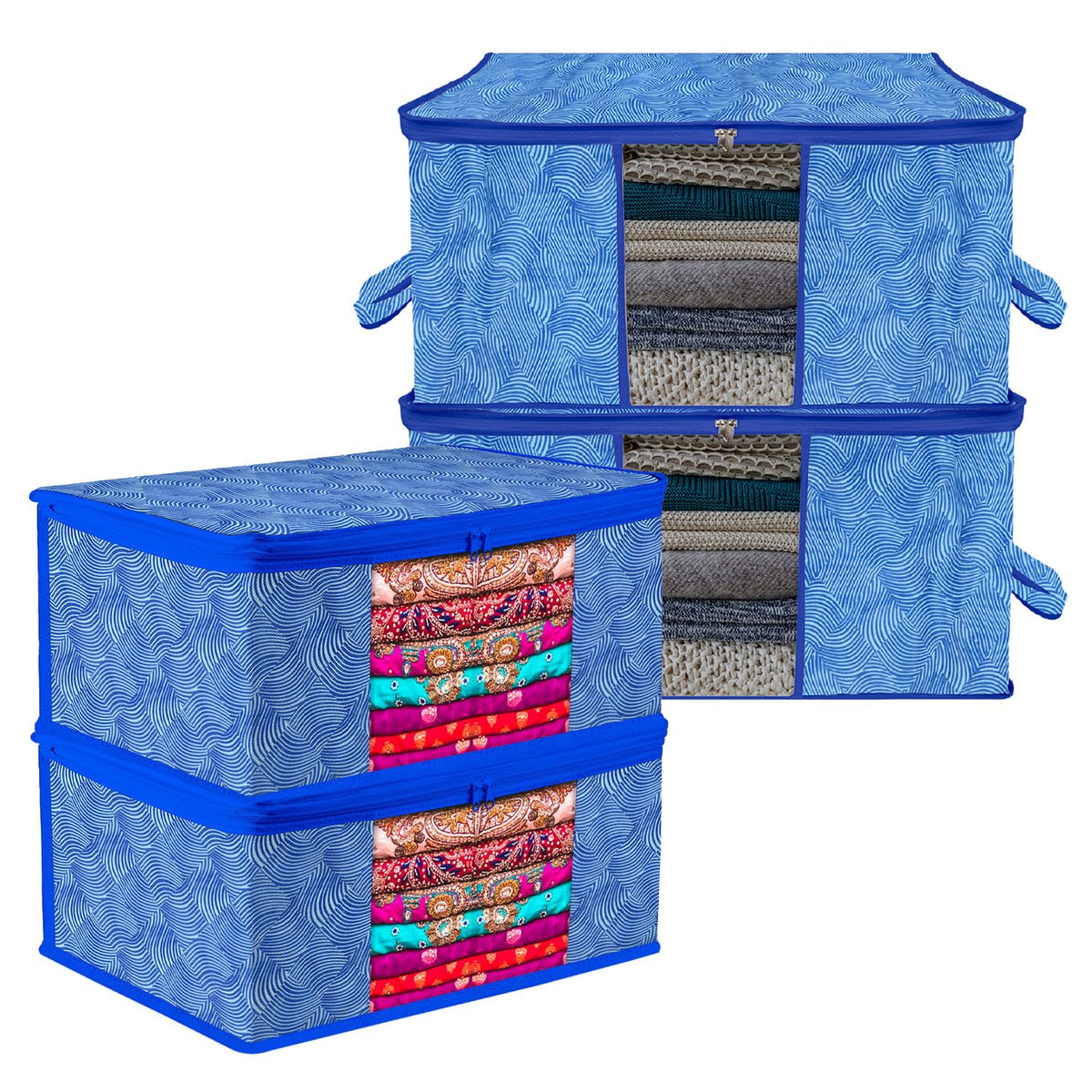 Heart Home Saree Cover & Underbed Stoarge Bag Set | 2 Pieces Saree & 2 Pieces Underbed Storage Bag Combo Set | Zipper Closure & Handle | Lahariya-Design | Set of 4 | Blue