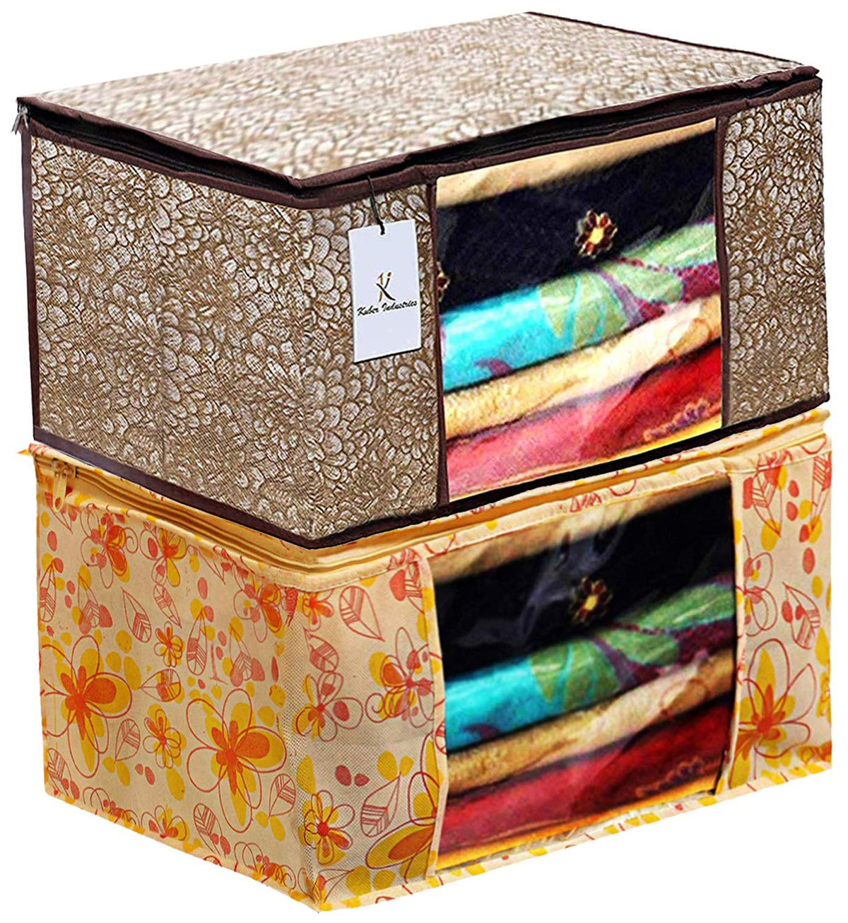 Kuber Industries Metalic Printed 2 Piece Non Woven Fabric Saree Cover Set with Transparent Window, Extra Large, Ivory Red & Golden Brown -CTKTC40771