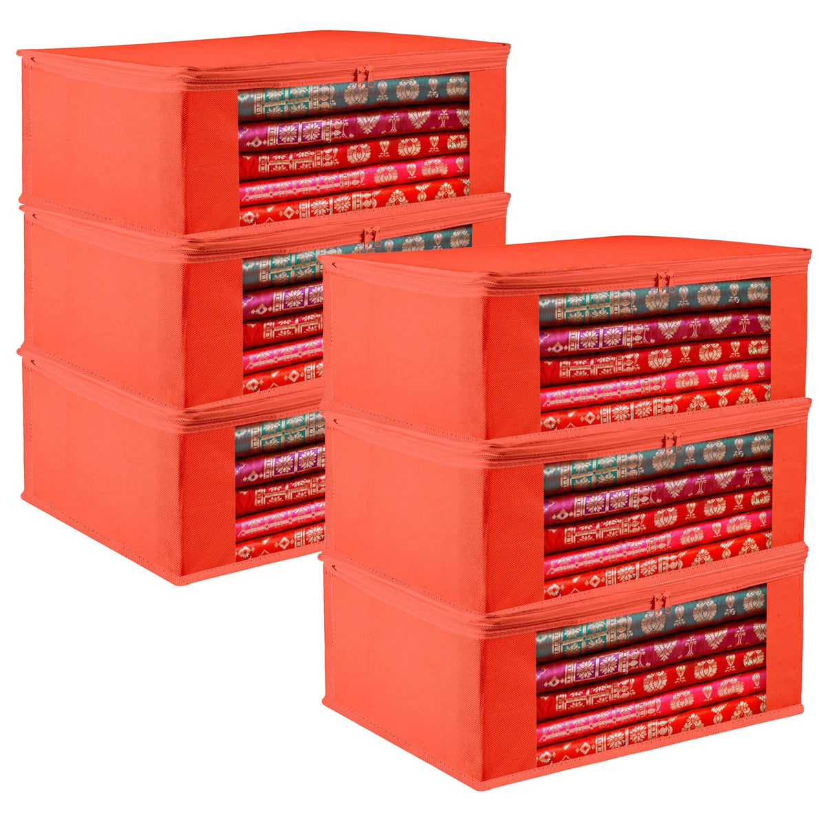 Heart Home Saree Cover | Clothes Storage Bag | Storage Organizer Bag | Zip Closure Saree Cover | Wardrobe Organizer | Plain Transparent Window Saree Cover | 6 Inch | Pack of 6 | Red