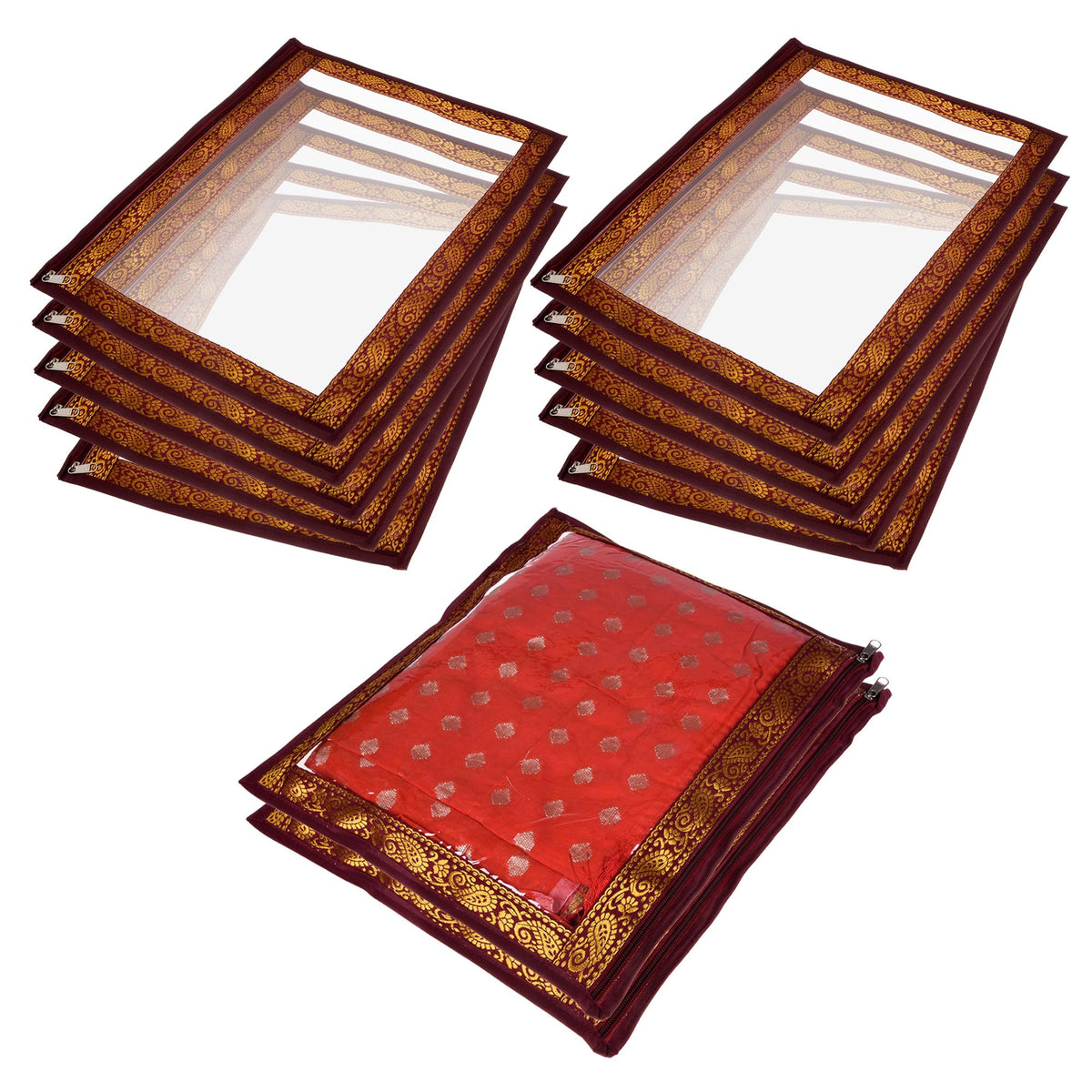 Heart Home Saree Cover | Clothes Storage Bag | Single Packing Saree with Zip Closure | Wardrobe Organizer | Cloth Stoarge Organizer | 4 Side Lace Design | Pack of 12 | Maroon