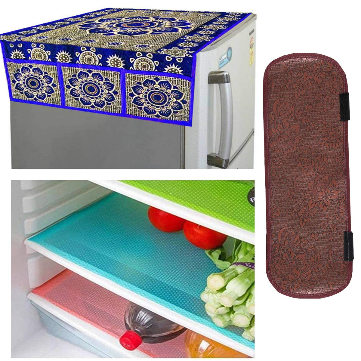 Kuber Industries Cloth 3 Pieces Fridge Mat, 1 Piece Handle Cover and 1 Pieces Fridge Top Cover (Multi)-CTKTC2762