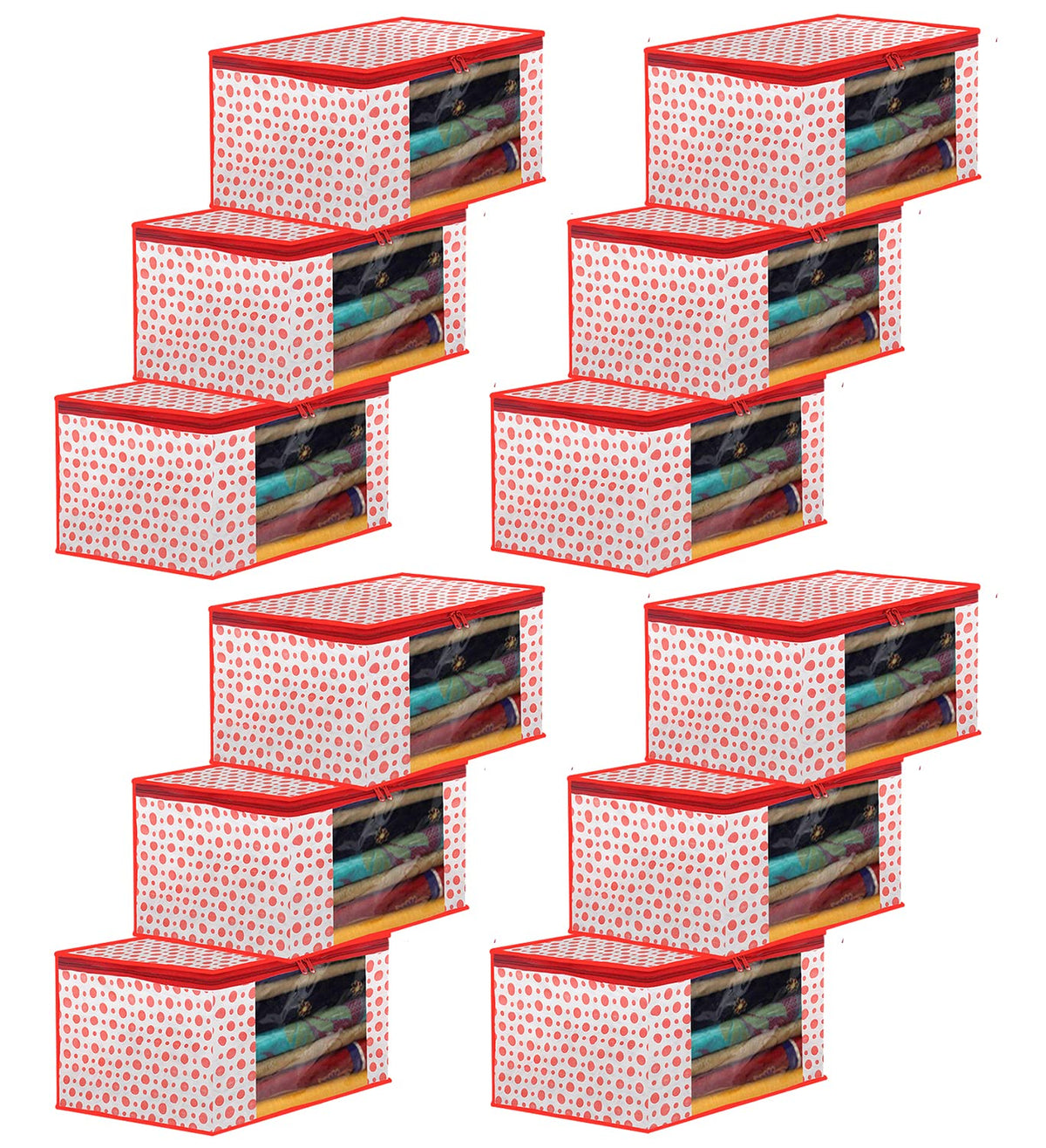 Kuber Industries Foldable Saree Covers With Zip|Polka Dots Wardrobe Organizer For Clothes|Transparent Window Keep 8 To 10 Saree|Suitable for Lehenga, Suit, Dress|Pack of 12 (Red & White)