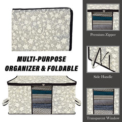 Heart Home Underbed Storage Bag | Clothes Storage Organizer | Blanket Cover with Clear Window | Zipper Closure & Handle Cloth Organizer | Flower-Design | Large | Pack of 3 | Black