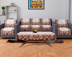 Heart Home Sofa Cover | Sofa & Center Table Cover Set | Brown Flower Sofa Cover with Table Cover | Velvet 5 Seater Sofa & Table Cover Set For Living Room | Cream