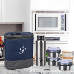 Heart Home Lunch Box Set | Lunch Box for Adult & Older Kids | 3 Containers & Bottle Lunch Box Set | Lunch Box for Office | Lunch Box for Collage | Clip Lock Lunch Set | Set of 6 | Blue