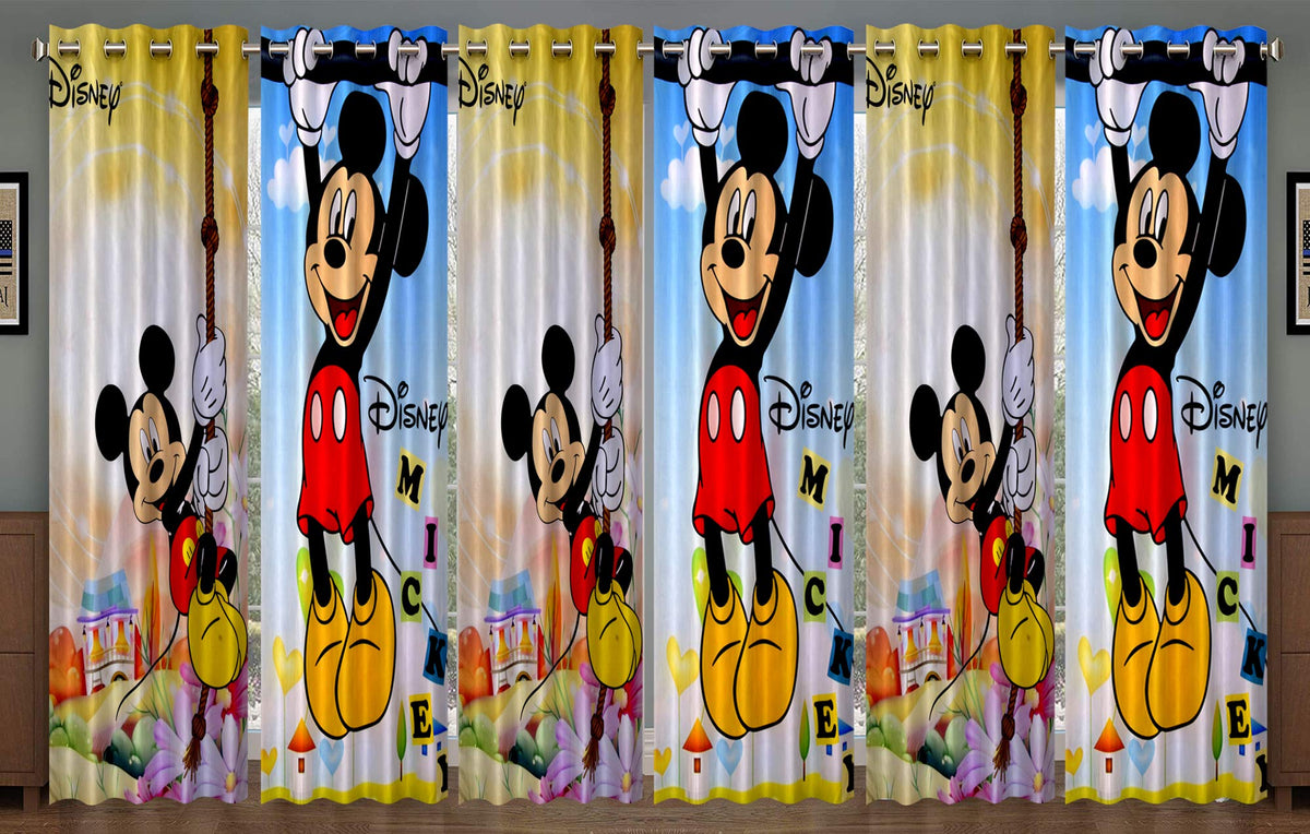 Kuber Industries Disney Mickey Print 6 Pieces Polyester Special Blackout Long Crush Eyelet Door Curtain 7 Feet (Sky Blue & Yellow)-KUBERMART100