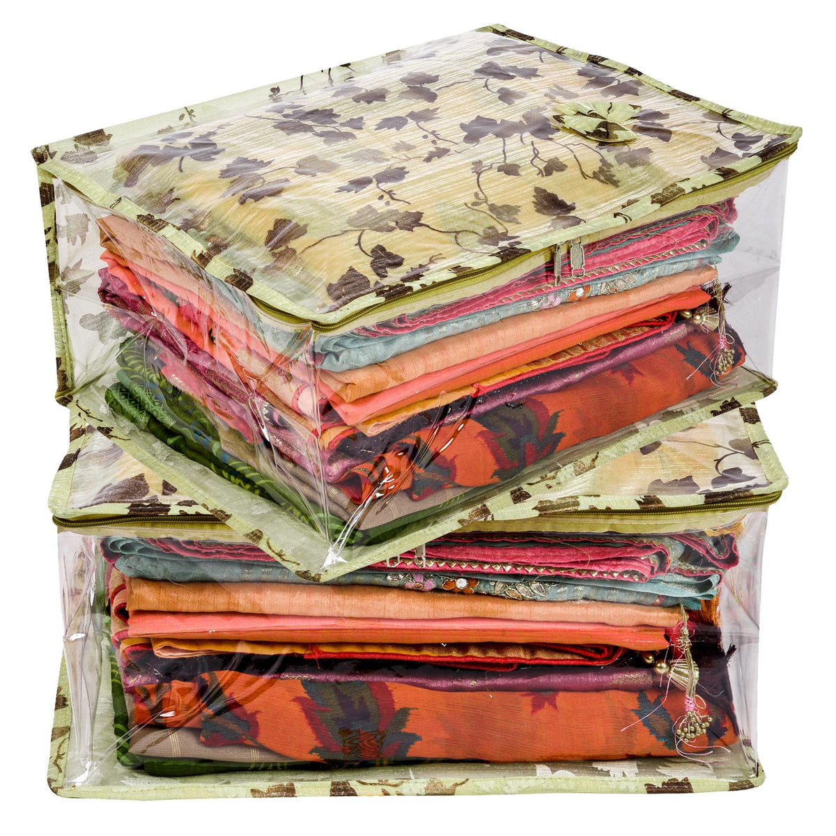 Heart Home Saree Cover | Zip Closure Saree Cover | Clothes Storage Bag | Wardrobe Organiser for Suit | Side Transparent Saree Cover | Bow-Leaf-Design | 9 inch | Pack of 2 | Green