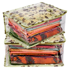 Heart Home Saree Cover | Zip Closure Saree Cover | Clothes Storage Bag | Wardrobe Organiser for Suit | Side Transparent Saree Cover | Bow-Leaf-Design | 9 inch | Pack of 2 | Green