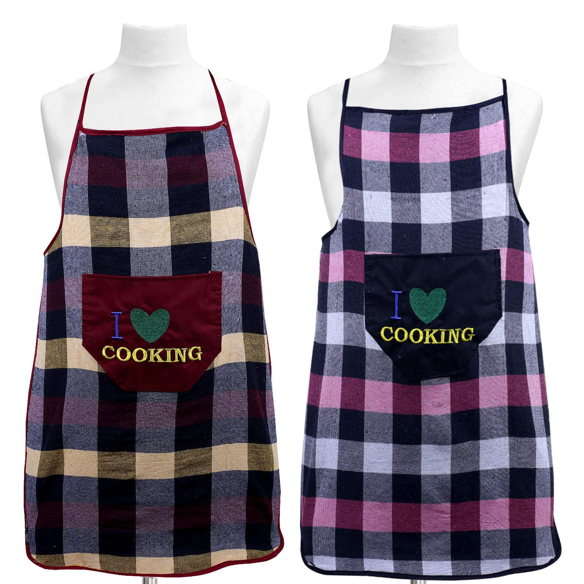 Kuber Industries Checkered Design Cotton 2 Pieces Waterproof Kitchen Apron with Front Pocket (Maroon & Black) - CTKTC40399