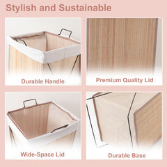 Kuber Industries Pack of 3 Foldable Bamboo Laundry Basket For Clothes With Lid | 51 Ltr Washing Clothes Storage Bag & Laundry Box - Light Brown