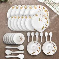 Kuber Industries 32 Pieces Round Melamine Microwave & Dishwasher Safe Dinnerware Kitchen Crockery Set | Glossy Dinner Sets & Kitchen Set for Home | Deluxe Brown - White