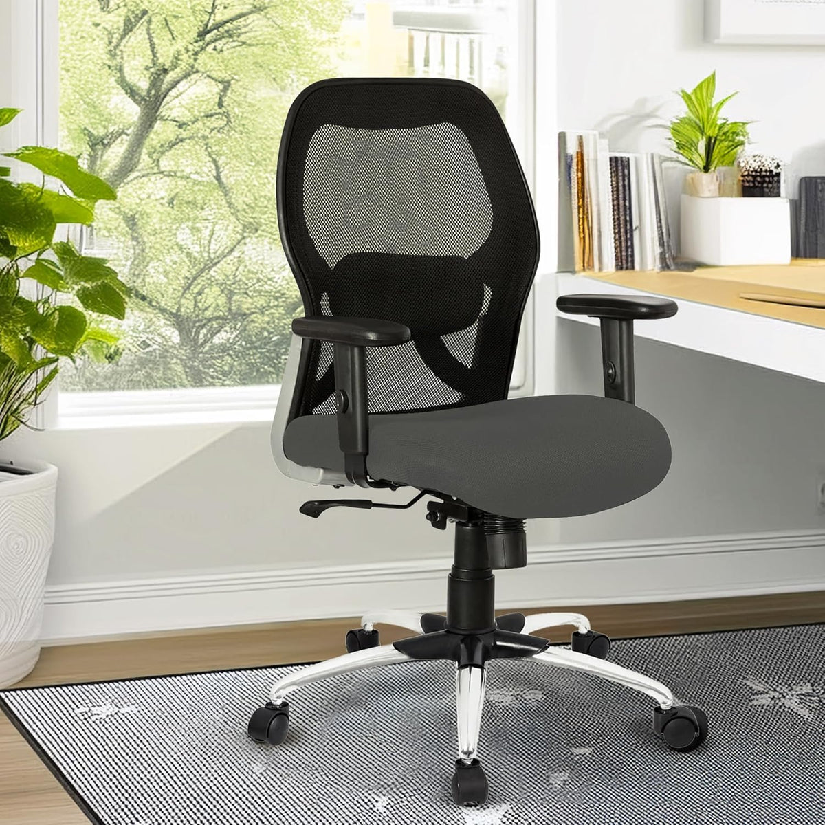 Kuber Industries Ergonomic Office Chairs for Work From Home with Meshback | Comes with Manual Height Adjustable Armrest & 2D Lumbar Support | Comfy Chair for Students with Wheels | Black & Grey Seat