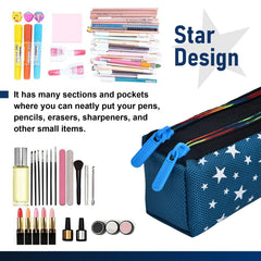 Heart Home Pencil Pouch|Rexine Stationary Pouch|Pencil Utility Pouch|School Pencil Case for Kids|Pen-Pencil Box for Kids|2 Zipper Pencil Organizer|Star Pencil Pouch|Pack of 2|Blue