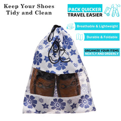 Heart Home Shoe Cover | Travel Shoe Storage Bags | Non-Woven Storage Bags | Shoe Cover with Drawstring | Shoe Organizer with Clear window | Blue Flower-Design | Pack of 24 | White