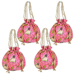 Heart Home Potli|Silk Wedding Potli|Wallet Potli|Christmas Gift Potli|Baby Shower Potli|Traditional Shagun Potli|Drawstring with Beads Handle Potli|Cow-Design Patli Potli|Pack of 4|Pink