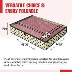 Heart Home Saree Cover | Zip Closure Saree Cover | Clothes Storage Bag | Wardrobe Organiser | Transparent Window Saree Cover | Leaf-Bow-Design | 9 inch | Pack of 9 | Cream