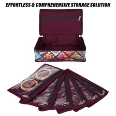 Heart Home Jewellery Kit | Travel Makeup Organizer | Zipper Clouser Cosmetic Kit | 6 Pouch Jewellery Kit | Cosmetic Bag for Women | Bow Rangoli Jewellery Kit | Wine