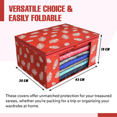 Heart Home Saree Cover | Clothes Storage Bag | Storage Organizer Bag | Zip Closure Saree Cover | Wardrobe Organizer | Peacock Feather-Design | 6 Inch | Pack of 2 | Red