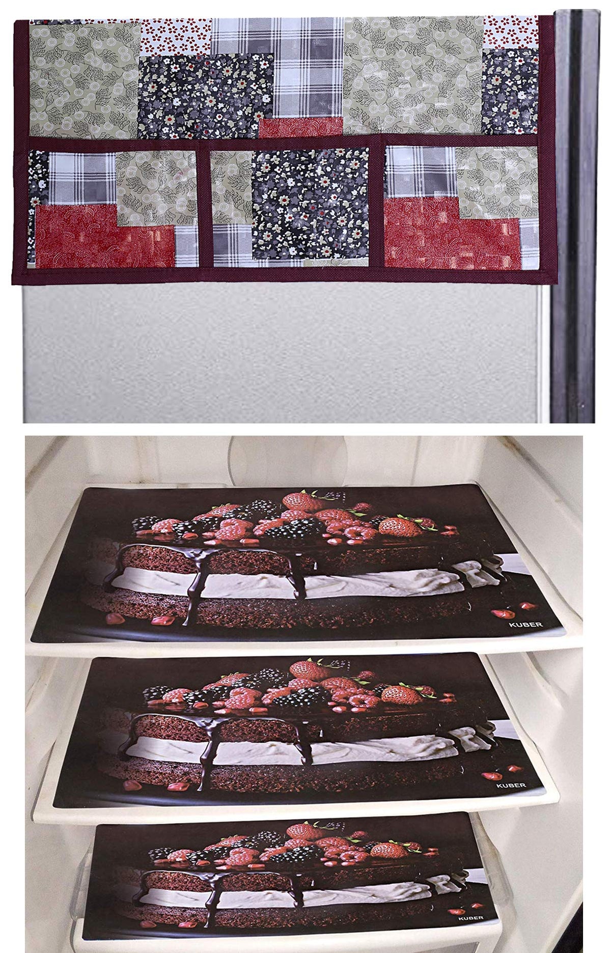 Kuber Industries Cake Design 3 Pieces PVC Fridge Mats and 3D Checkered Design 1 Piece Fridge Top Cover (Maroon) - CTKTC039752