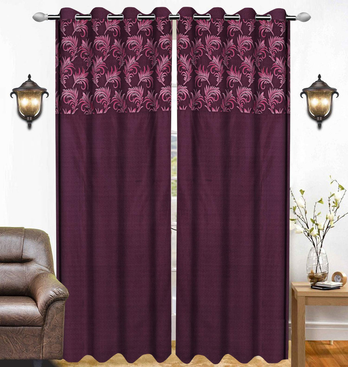 Kuber Industries Leaf Design 1 Piece Polyester Eyelet Door Curtain 7 Feet (Pink)-Ctktc14156