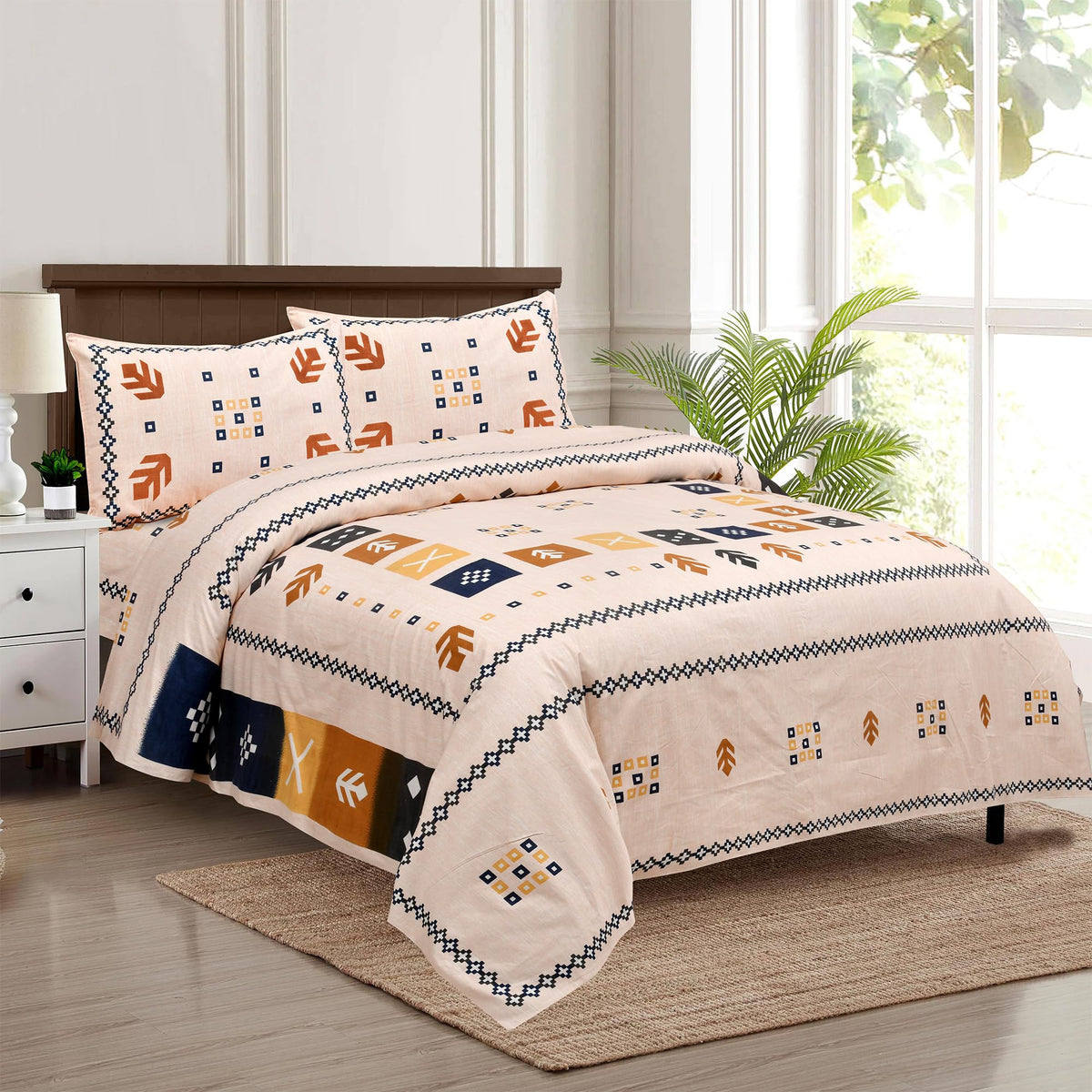 Heart Home Double Bedsheet with 2 Pillow Covers | 160 TC Premium Cotton Bedsheet for Double Bed | Bedsheet for Living Room-Home & Hotels | Rusty Plus Border | 100x108 Inch | Peach