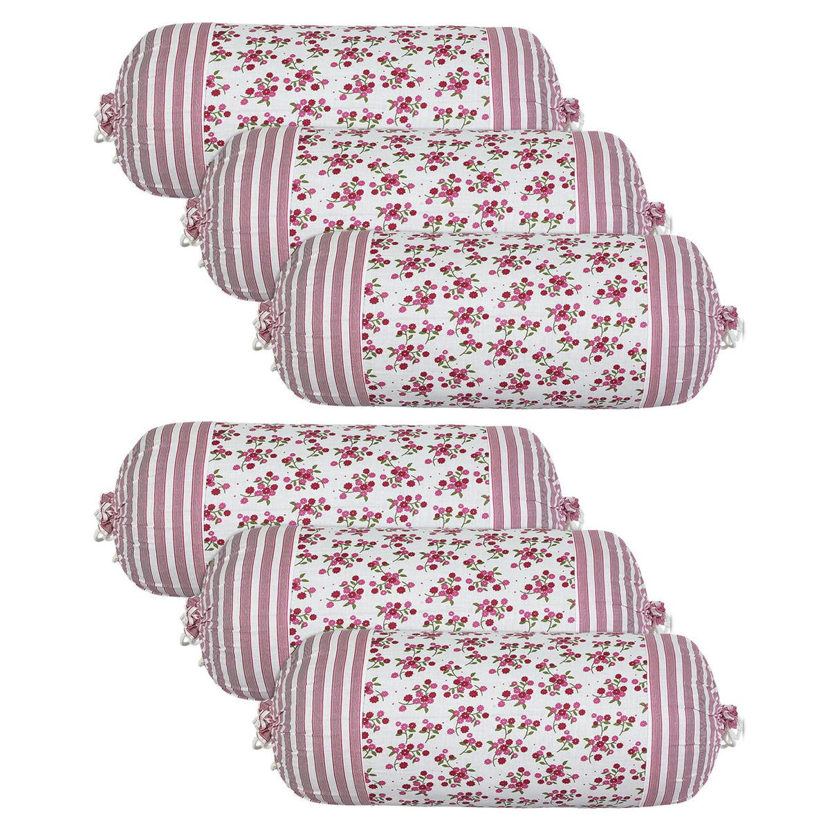 Heart Home Bolster Covers | Cotton Bolster Cover Set | Diwan Bolster Cover Set | Bolster Pillow Cover | Pink Flower Masand Cover | 16x32 Inch | Pack of 6 | White