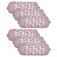Heart Home Bolster Covers | Cotton Bolster Cover Set | Diwan Bolster Cover Set | Bolster Pillow Cover | Pink Flower Masand Cover | 16x32 Inch | Pack of 6 | White