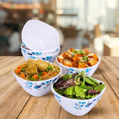 Heart Home Shatter Resistant Melamine White Bowls Set of 6 | Lightweight, BPA Free Aesthetic Bowl Set | Blue Flower Print - White