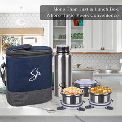 Heart Home Lunch Box Set | Lunch Box for Adult & Older Kids | 3 Containers & Bottle Lunch Box Set | Lunch Box for Office | Lunch Box for Collage | Clip Lock Lunch Set | Set of 6 | Blue