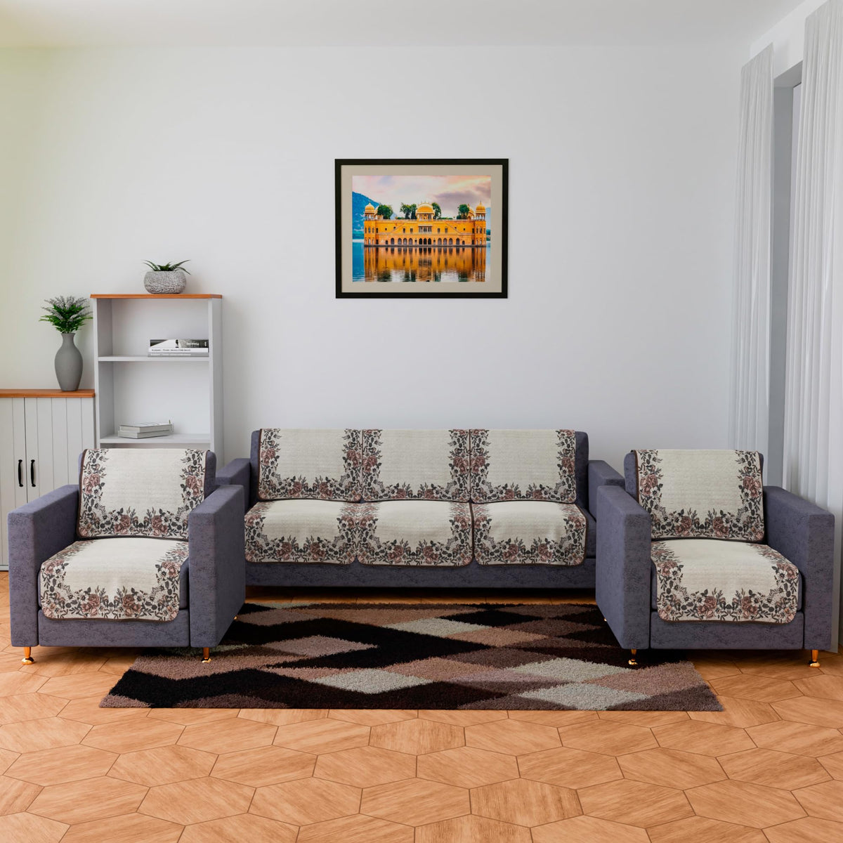 Heart Home Sofa Cover Set|5-Seater Couch Cover|Net Velvet Sofa Slip Cover Set|Sofa Slipcover Set|Sofa Cover for Living Room|Blue Gulab Border Crown Sofa Cover|Cream