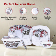 Heart Home 31 Pieces Square Unbreakable Microwave & Dishwasher Safe Melamine Dinnerware Kitchen Crockery Set | Glossy Dinner Sets & Kitchen Set for Home | Keri Floral - White Bowl