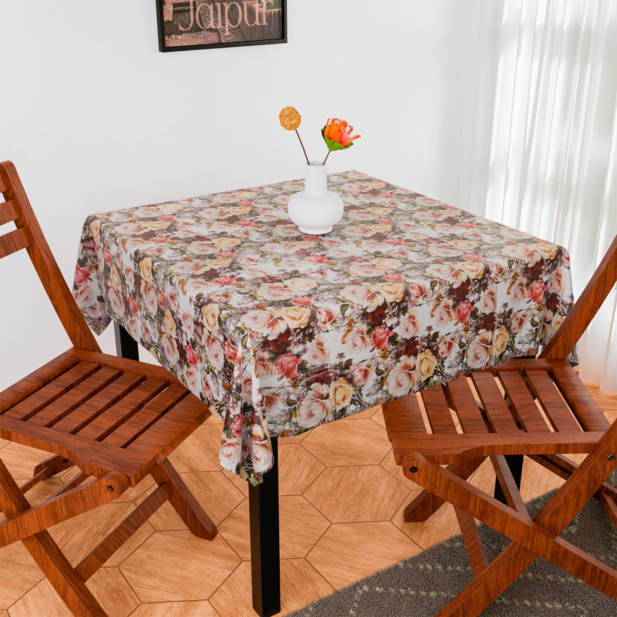 Heart Home Table Cover | Dining Table Cover | Center Table Cover | Reversable Table Cover for Kitchen Table | Gulab Design Table Cover for Hall Décor | 54x54 Inch | White