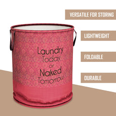 Kuber Industries Laundry Basket | Non-Woven Round Laundry Basket | Clothes Storage Hamper | Foldable Laundry Bag with Handle | Toy Storage Basket | Golden-Print | 45 LTR | Maroon