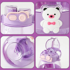 Kuber Industries Pack of 3 Kids Water Bottle With Straw |Cute Teddy Bear Sipper Water Bottle For Kids Boys Girls| Water Bottle with Locking Flip Lid | 1000 ML | Purple | SYZ-7730A