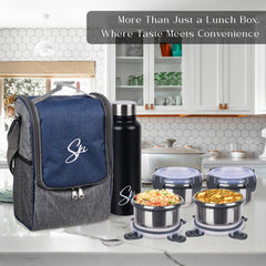 Heart Home Lunch Box Set | Lunch Box for Adult & Older Kids | 4 Containers & Bottle Lunch Box Set | Lunch Box for Office | Lunch Box for Collage | Clip Lock Lunch Set | Set of 7 | Blue
