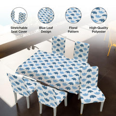 Kuber Industries Set of 7 Waterproof & Oil Repellent Dining Table Chair Cover 6 Seater Full Set | Washable & Dustproof Table & Seat Cover Protector Slipcover | Floral Leaf Pattern Blue