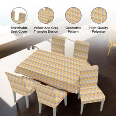 Heart Home Set of 7 Waterproof & Oil Repellent Dining Table Chair Cover 6 Seater Full Set | Washable Seat Cover Protector Slipcover Cloth | Geometric Yellow & Grey Triangle Design