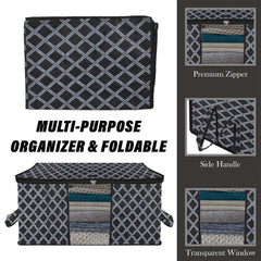 Heart Home Underbed Storage Bag | Clothes Storage Organizer | Blanket Cover with Clear Window | Zipper Closure & Handle Cloth Organizer | Check-Design | Large | Pack of 3 | Black