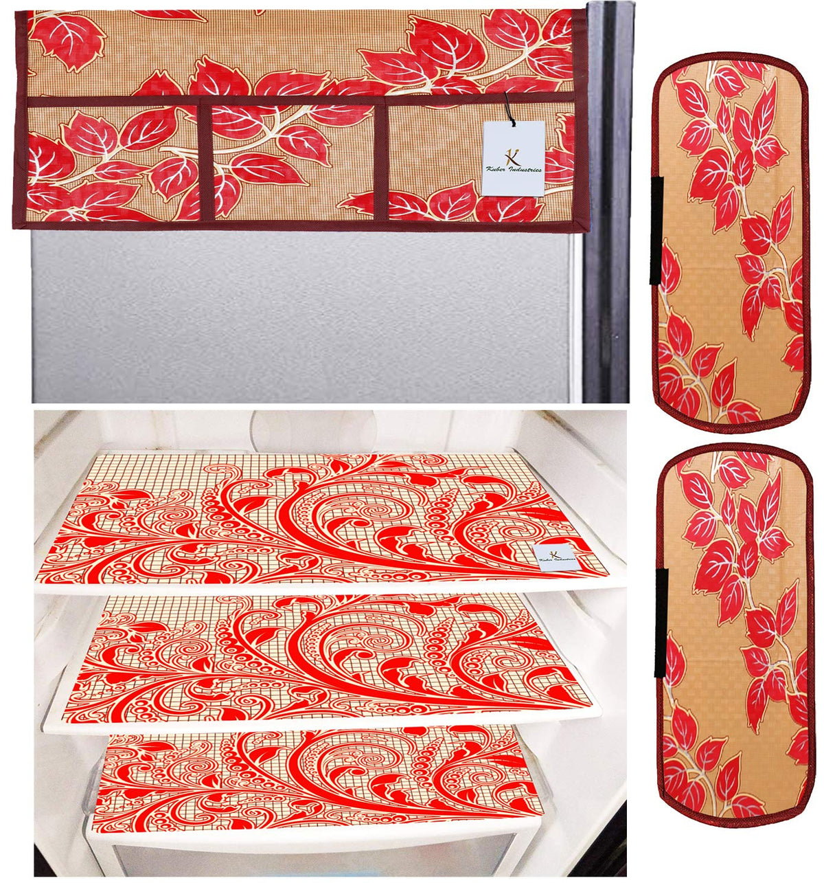 Kuber Industries Leaf Design 3 Pieces PVC Fridge Mats,2 Piece Handle Cover and 1 Piece Fridge Top Cover (Gold & Red) CTKTC34066