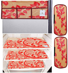 Kuber Industries Leaf Design 3 Pieces PVC Fridge Mats,2 Piece Handle Cover and 1 Piece Fridge Top Cover (Gold & Red) CTKTC34066