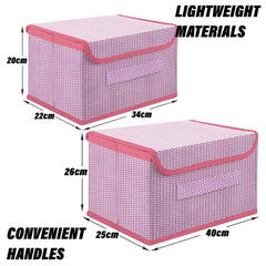 Heart Home Drawer Storage Box | Zig Zag Dhakkan Storage Box | Non-Woven Clothes Organizer | Storage Box with Handle | M | L | Pack of 2 | Pink