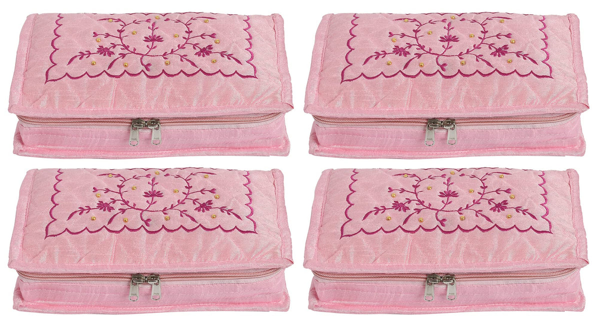 Kuber Industries Embroidery Design Portable Jewellery Organizer With 6 Tranasparent Pockets For Keeps Your Jewellery,Earrings, Pendants Organized And Secure- Pack of 4 (Pink)