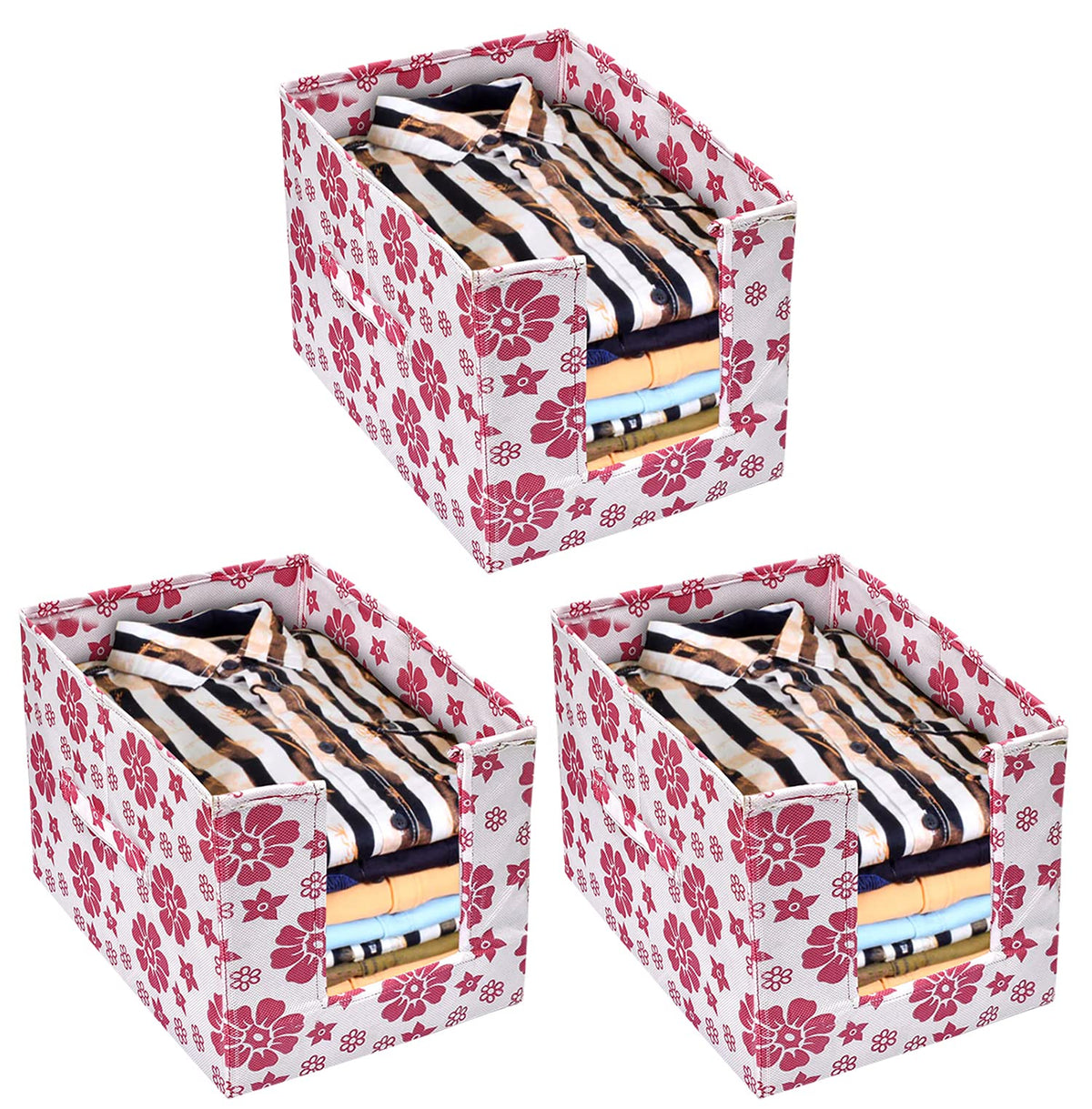 Heart Home Flower Printed Non-Woven Foldable Shirt Stacker Closet Organizer With Handles- Pack of 3 (White & Pink)-HS43HEARTH26510