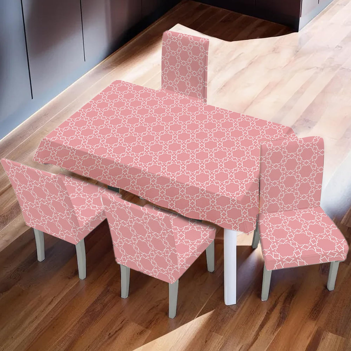 Kuber Industries Set of 5 Waterproof & Oil Repellent Dining Table Chair Cover 4 Seater Full Set | Washable & Dustproof Table & Seat Cover Protector Slipcover | Geometric Pattern Pink