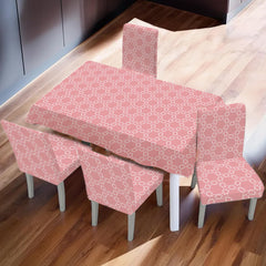 Kuber Industries Set of 5 Waterproof & Oil Repellent Dining Table Chair Cover 4 Seater Full Set | Washable & Dustproof Table & Seat Cover Protector Slipcover | Geometric Pattern Pink